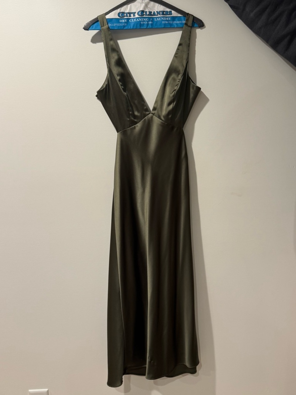 Lulu's Olive Green Satin V-Neck Midi Slip Dress